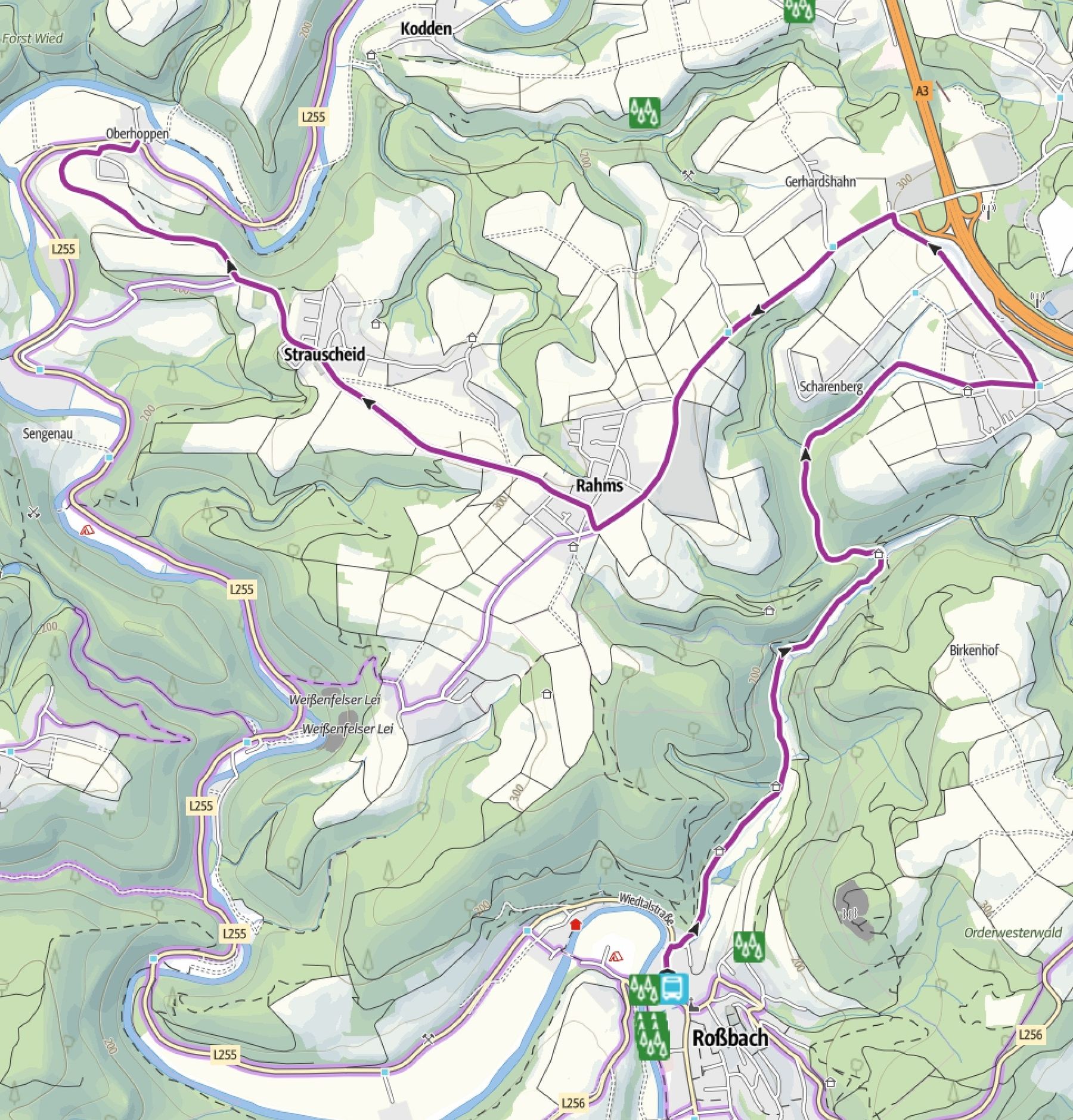 A topographic map featuring the towns of Rahms, Straußcheid, and Roßbach, showing roads (L255, L256), rivers, and forested and cultivated areas with colored elevation shading.